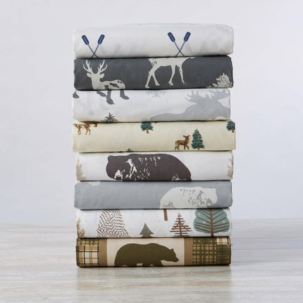 4-Piece Lodge Microfiber Sheet - Mountain Ridge Collection: King / Forest Animal - Light Grey