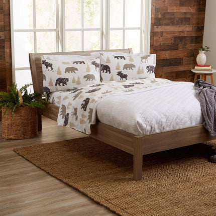 4-Piece Lodge Microfiber Sheet - Mountain Ridge Collection: King / Forest Animal - Light Grey