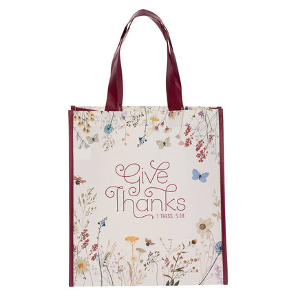 Tote Burgundy/White Floral Printed Give Thanks 1 Thess. 5:18