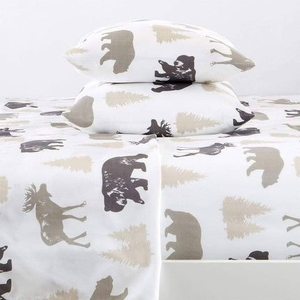 4-Piece Lodge Microfiber Sheet - Mountain Ridge Collection: King / Forest Animal - Light Grey