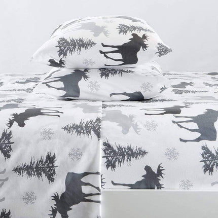 4-Piece Lodge Microfiber Sheet - Mountain Ridge Collection: King / Forest Animal - Light Grey