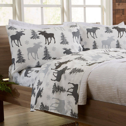 4-Piece Lodge Microfiber Sheet - Mountain Ridge Collection: King / Forest Animal - Light Grey