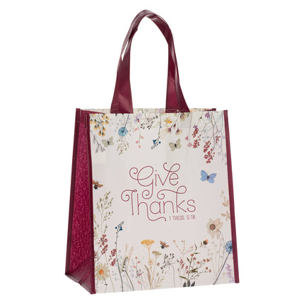 Tote Burgundy/White Floral Printed Give Thanks 1 Thess. 5:18