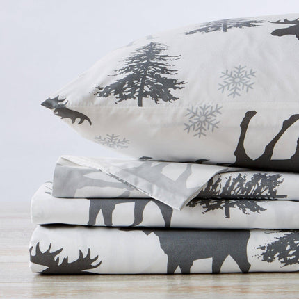 4-Piece Lodge Microfiber Sheet - Mountain Ridge Collection: King / Forest Animal - Light Grey