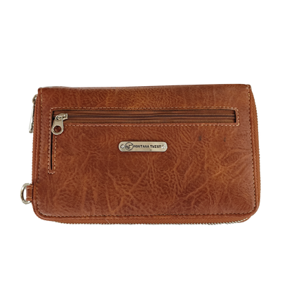 Montana Twist Brown Tooled PU Leather Laser-Engraved Stitching and Concho Crossbody Phone Bag