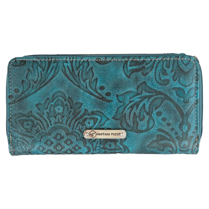 Montana Twist Western Turquoise Tooled PU Leather Slim Folding Wallet