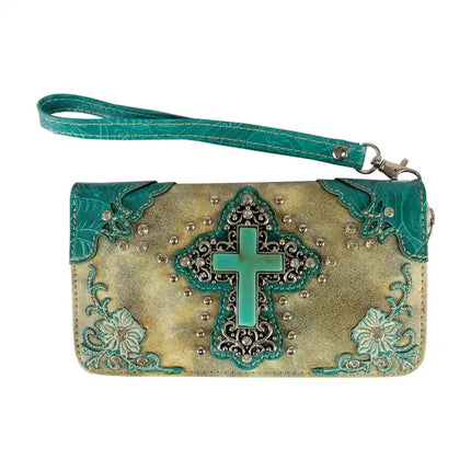 Montana Twist Cream Wallet with Turquiose Cross with Concho Rhinestone Embellishments