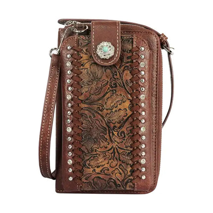 Montana Twist Coffee Tooled PU Leather and Concho Crossbody Phone Bag