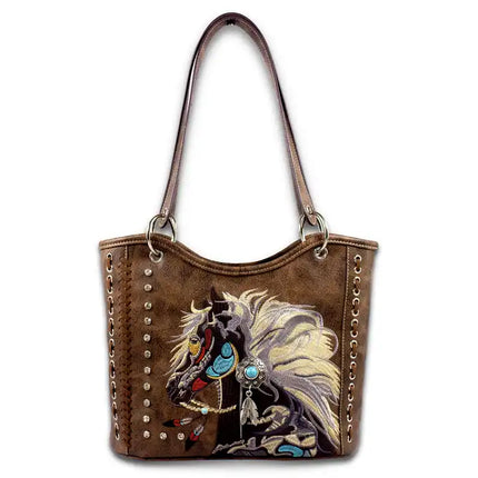 Montana Twist Concealed Carry Vintage Brown PU Leather Embroidered Horse Handbag