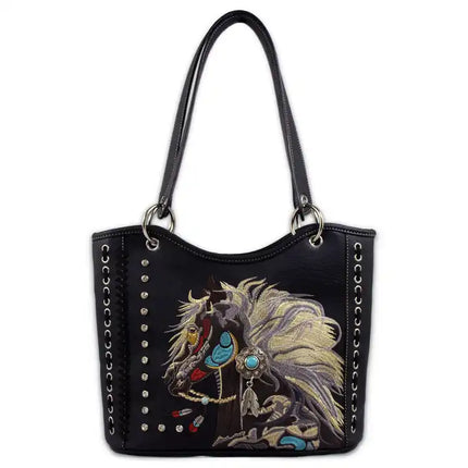 Montana Twist Concealed Carry Vintage Black PU Leather Embroidered Horse Handbag