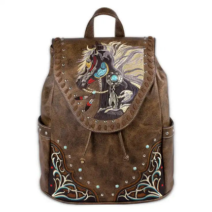 Montana Twist Concealed Carry Vintage Brown PU Leather Embroidered Horse Backpack