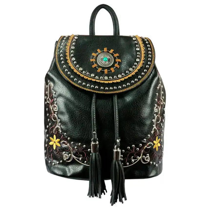 Montana Twist Concealed Carry Vintage Black PU Leather Embroidered Flower Backpack