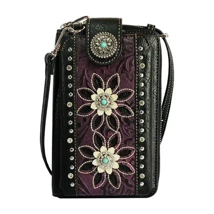 Montana Twist Purple Tooled PU Leather Laser-Engraved Flower and Concho Crossbody Phone Bag