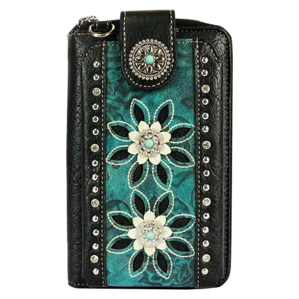 Montana Twist Turquoise Tooled PU Leather Laser-Engraved Flower and Concho Crossbody Phone Bag