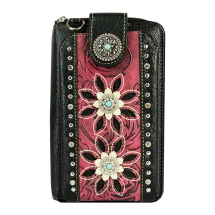 Montana Twist Western Red Tooled PU Leather Laser-Engraved Flower and Concho Crossbody Phone Bag