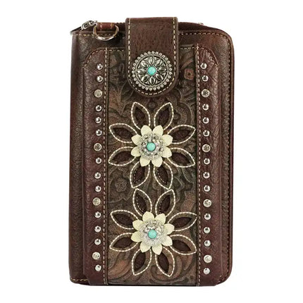 Montana Twist Coffee Tooled PU Leather Laser-Engraved Flower and Concho Crossbody Phone Bag