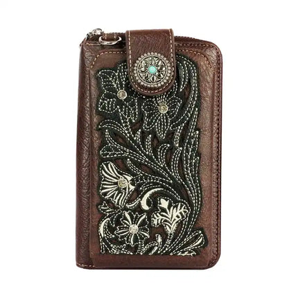 Montana Twist Coffee Tooled PU Leather Laser-Engraved Embroidery Flower and Concho Crossbody Phone Bag