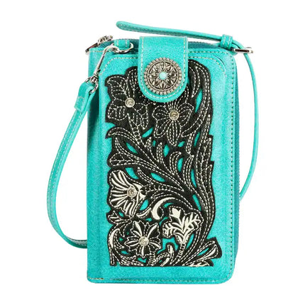 Montana Twist Turquoise Tooled PU Leather Laser-Engraved Embroidered Flower and Concho Crossbody Phone Bag