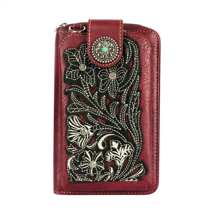 Montana Twist Red Tooled PU Leather Laser-Engraved Embroidery Flower and Concho Crossbody Phone Bag