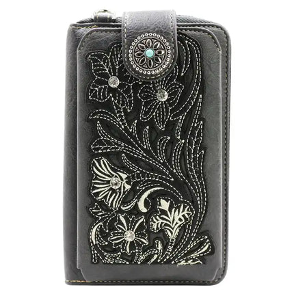 Montana Twist Grey Tooled PU Leather Laser-Engraved Embroidery Flower and Concho Crossbody Phone Bag