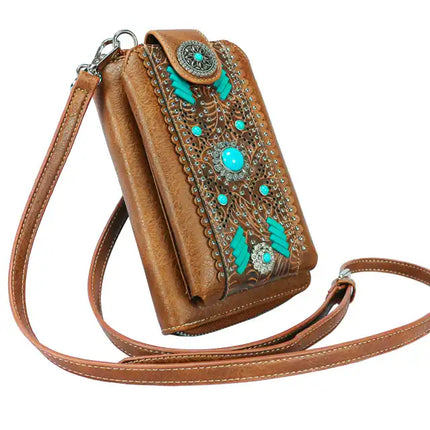 Montana Twist Brown Tooled PU Leather Laser-Engraved Stitching and Concho Crossbody Phone Bag