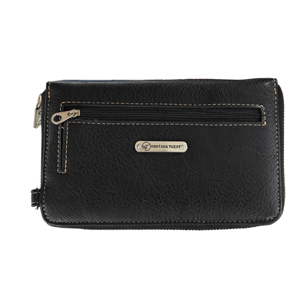 Montana Twist Black Tooled PU Leather Laser-Engraved, Stitching, and Concho Crossbody Phone Bag