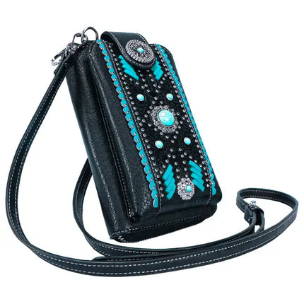 Montana Twist Black Tooled PU Leather Laser-Engraved, Stitching, and Concho Crossbody Phone Bag