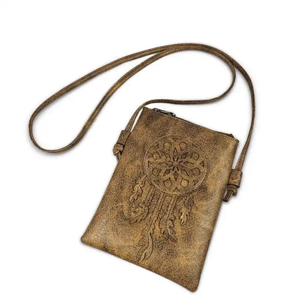 Montana Twist PU Leather Coffee Laser-Engraved Dream Catcher Crossbody Phone Bag