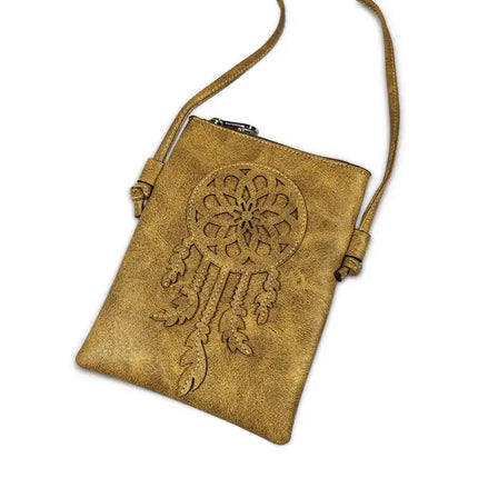 Montana Twist PU Leather Brown Laser-Engraved Dream Catcher Crossbody Phone Bag