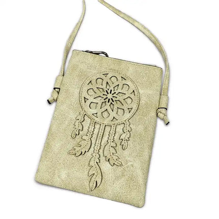 Montana Twist PU Leather Beige Laser-Engraved Dream Catcher Crossbody Phone Bag