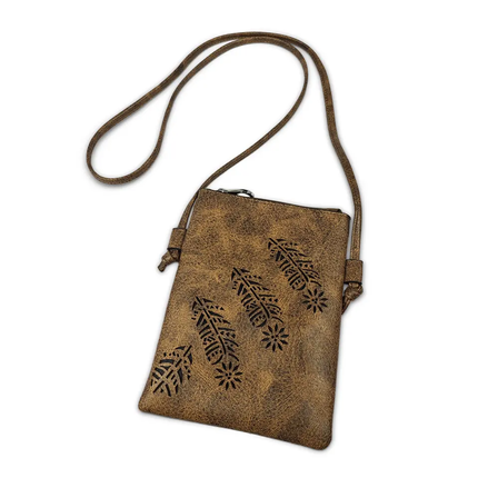 Montana Twist Western PU Leather Coffee Laser-Engraved Feather Crossbody Phone Bag