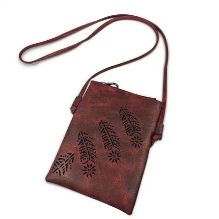 Montana Twist PU Leather Red Laser-Engraved Feather Crossbody Phone Bag