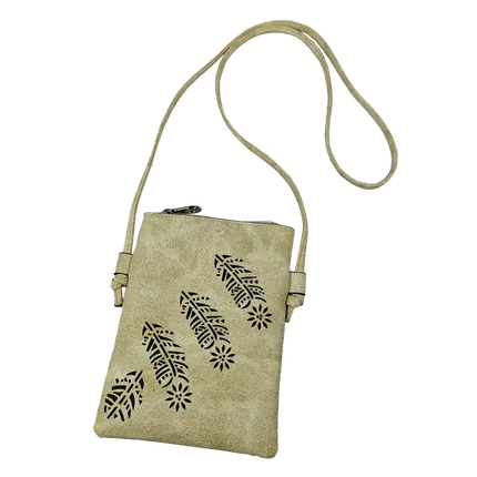 Montana Twist PU Leather Beige Laser-Engraved Feather Crossbody Phone Bag