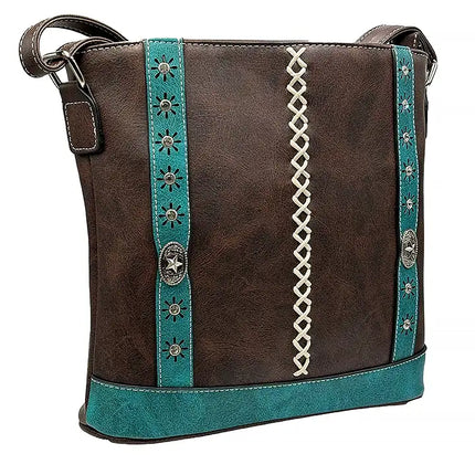 Montana Twist Concealed Carry Western Coffee and Turquoise PU Leather Messenger Handbag