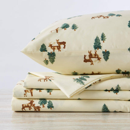 4-Piece Lodge Microfiber Sheet - Mountain Ridge Collection: King / Forest Animal - Light Grey