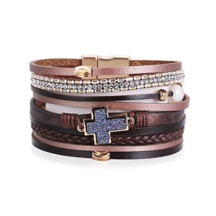 Multi-Layered Crystal Diamond Cross Magnetic Clasp Bracelet