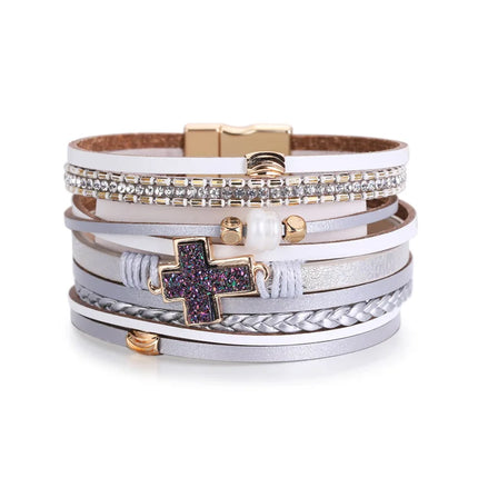 Multi-Layered Crystal Diamond Cross Magnetic Clasp Bracelet