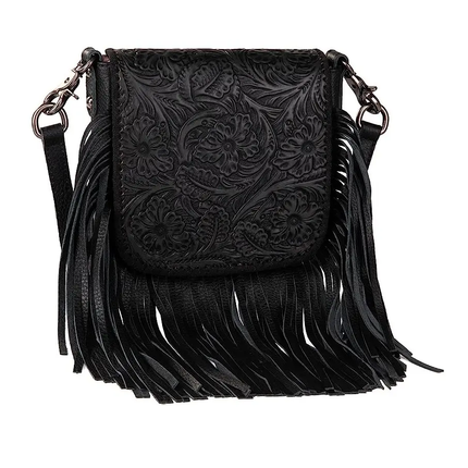 Montana Twist Leather Black Handbag with Tooled Front Flap