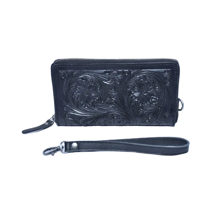 Montana Twist Leather Tooled Black Zipper Wallet