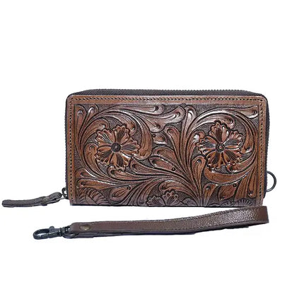 Montana Twist Leather Tooled Brown Zipper Wallet